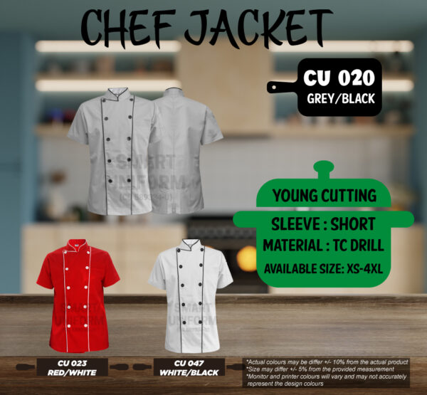 READY STOCK SHORT SLEEVE CHEF JACKET YOUNG CUTTING (CU 020, CU 023, CU 047)