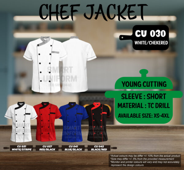 READY STOCK SHORT SLEEVE CHEF JACKET YOUNG CUTTING (CU 030, CU 031, CU 037, CU 041, CU 042)