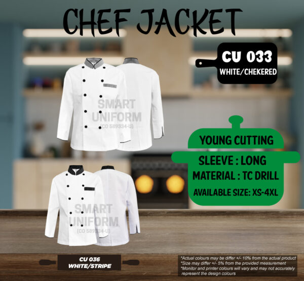 READY STOCK LONG SLEEVE CHEF JACKET YOUNG CUTTING (CU 033, CU 036)