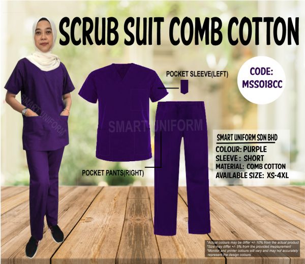 MSS018CC -  READY STOCK MEDICAL SCRUB SUIT COMB COTTON- PURPLE