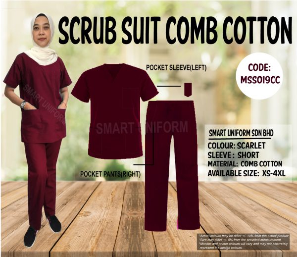 MSS019CC-  READY STOCK MEDICAL SCRUB SUIT COMB COTTON- SCARLET