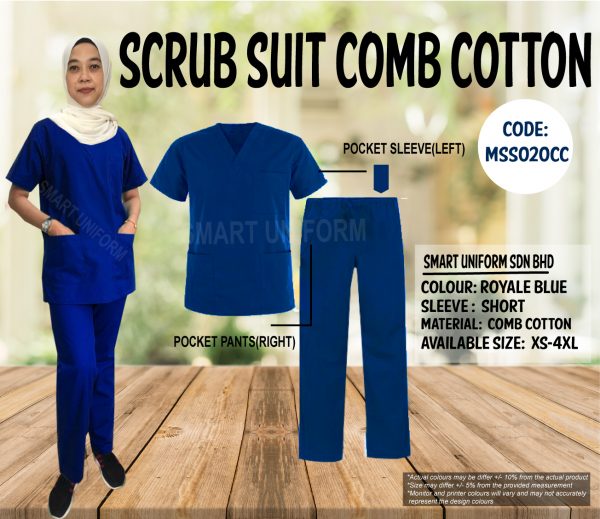 MSS020CC -  READY STOCK MEDICAL SCRUB SUIT COMB COTTON- ROYAL BLUE