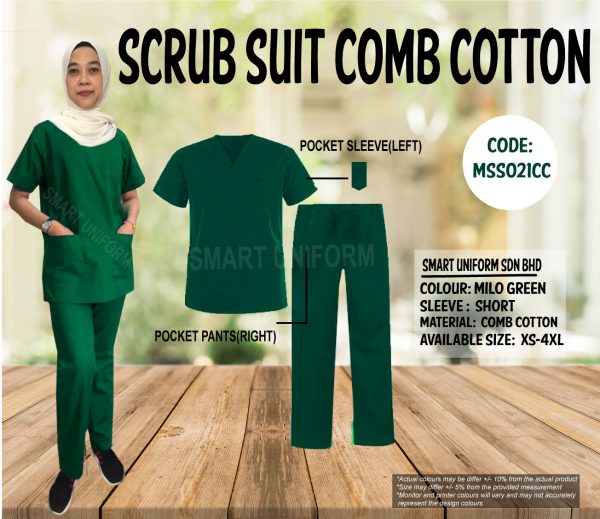 MSS021CC -  READY STOCK MEDICAL SCRUB SUIT COMB COTTON- MILO GREEN