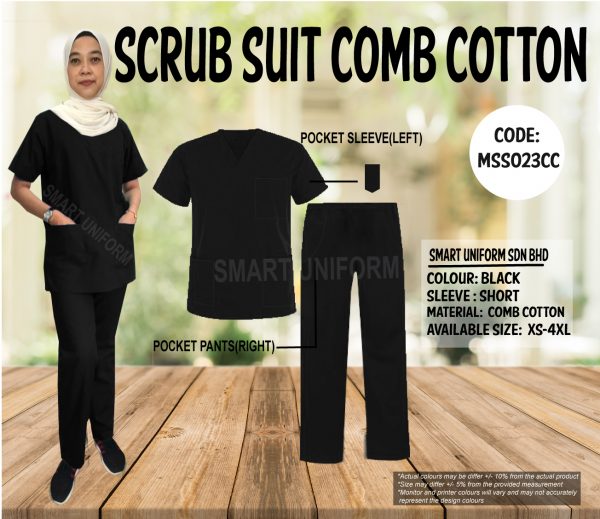 MSS023CC -  READY STOCK MEDICAL SCRUB SUIT COMB COTTON- BLACK