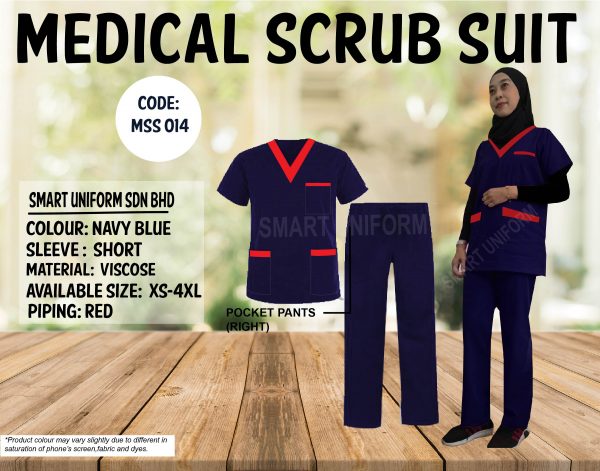 READY STOCK SCRUB SUIT PIPING MSS 014 NAVY BLUE/RED