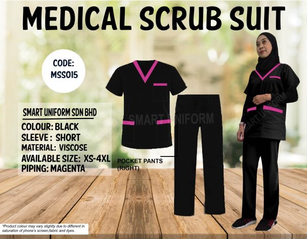 READY STOCK SCRUB SUIT PIPING  MSS 015 BLACK/MAGENTA