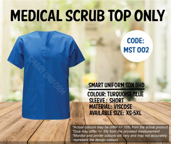 MST 002- READY STOCK MEDICAL SCRUB TOP ONLY - TURQUOISE BLUE