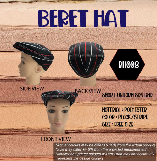 SU- BH003 - BERET HAT BLACK WITH WHITE/RED STRIPE WITHOUT NET